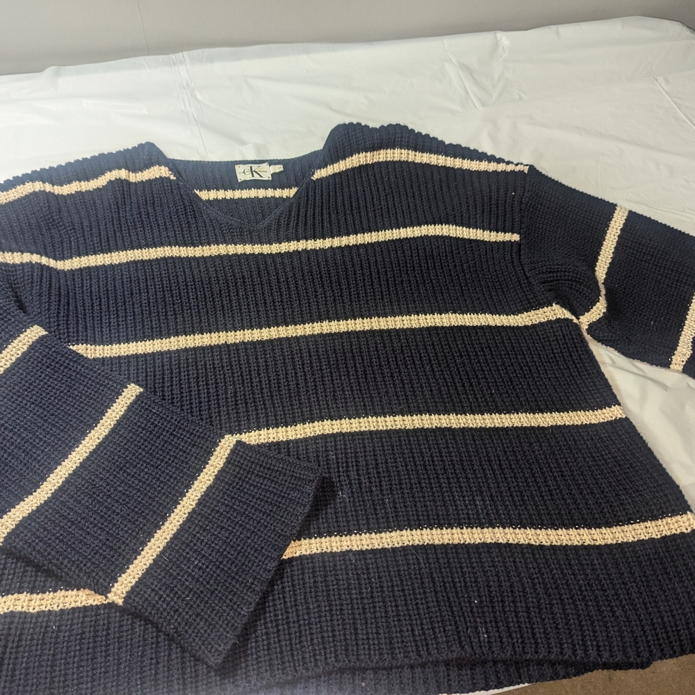 VTG Calvin Klein Jeans Ribbed Knit V-Neck Navy White Stripe Sweater Women's M